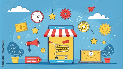 Essential E-Commerce Illustration on Online Shopping, Digital Marketplace Icons, Shopping Cart, Mobile, Laptop, and Marketing Elements in a Bold and Flat Design Style  V3