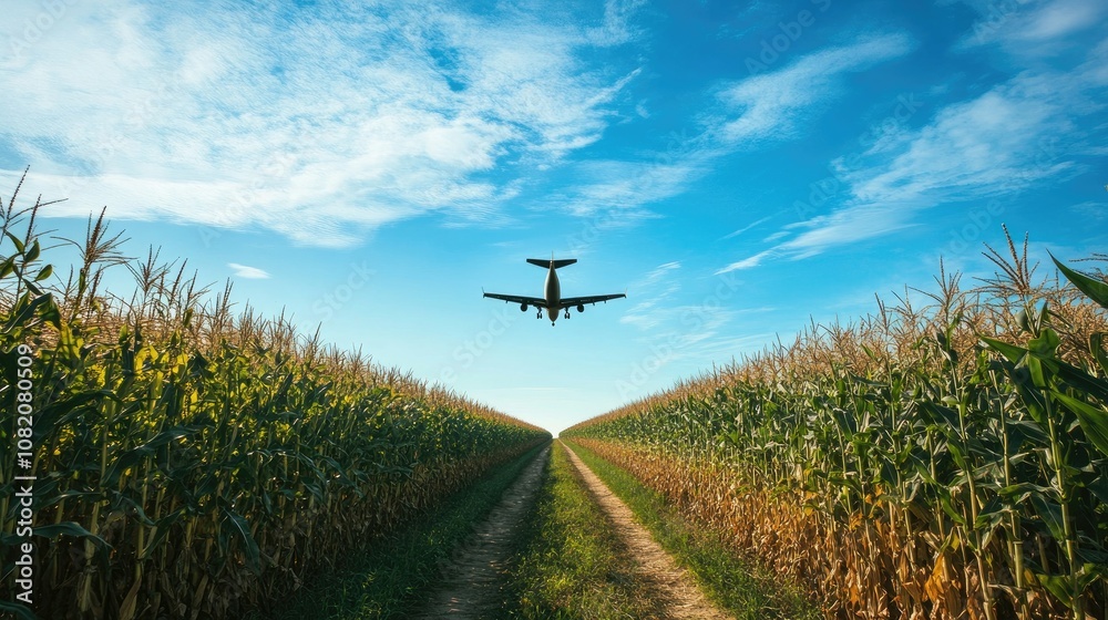 Low-flying plane casting a shadow over a cornfield, bright blue sky above with a few clouds for contrast Low-flying plane casting a shadow over a cornfield, bright blue sky above with a few clouds for contrast
