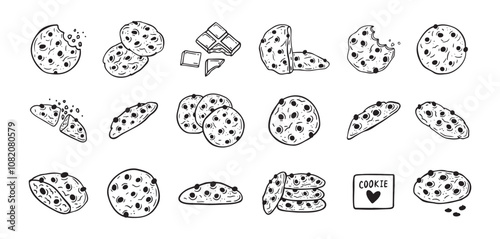 Chocolate chips cookie hand drawn doodle icon set. Drawing black and white sketch biscuit. Chocolate biscuit collection.