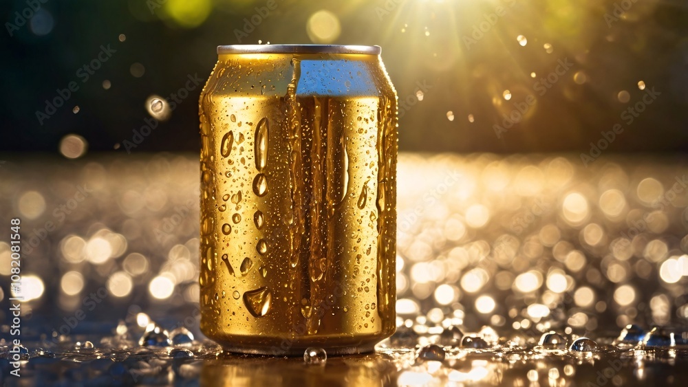 Refreshing Summer Beverage in a Golden Can, Set Against a Sunlit Outdoor Scene with Ice, Bokeh, Perfect for Commercial Advertising V7 Refreshing Summer Beverage in a Golden Can, Set Against a Sunlit Outdoor Scene with Ice, Bokeh, Perfect for Commercial Advertising V7