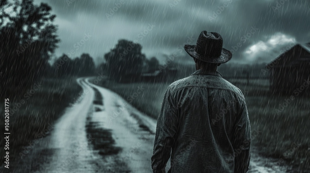 Man with a hat standing in the middle of a country road during a downpour, embracing the quiet and solitude Man with a hat standing in the middle of a country road during a downpour, embracing the quiet and solitude