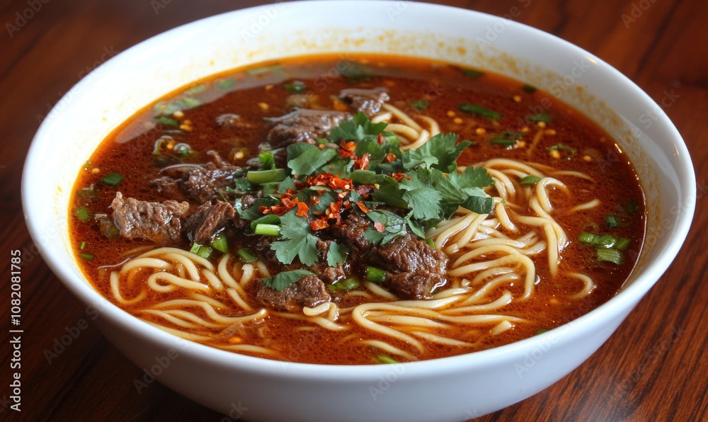 A bowl of beef noodle soup with green onions and red sauce