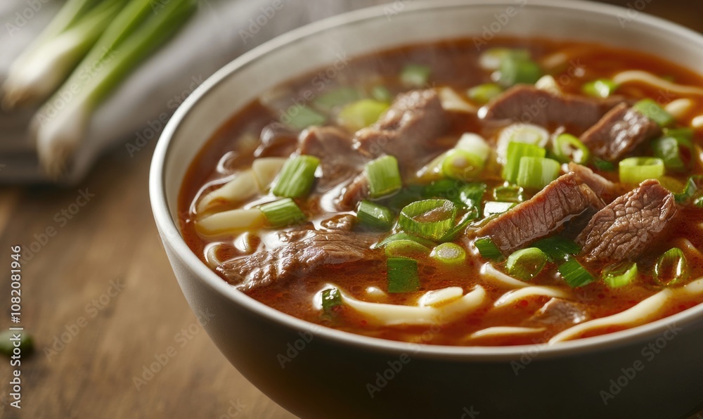 A bowl of soup with meat and green onions A bowl of soup with meat and green onions