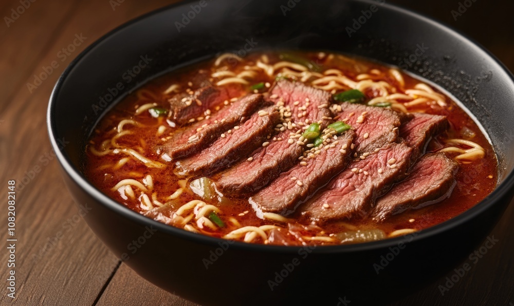 A bowl of beef noodle soup with meat in it A bowl of beef noodle soup with meat in it