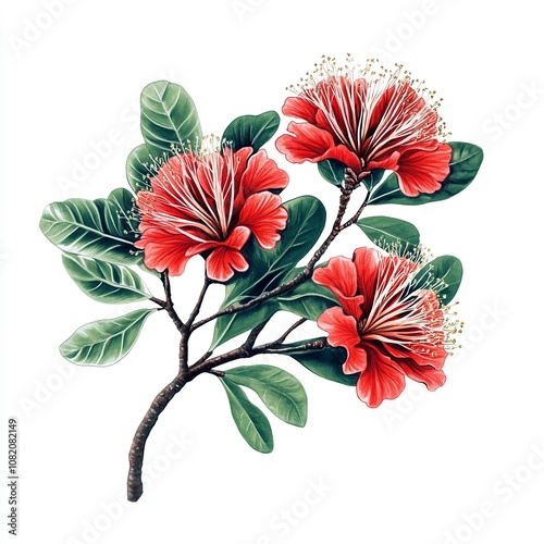 a japaneese drawing of a hawiian ʻŌhiʻa lehua on a white background,generative ai