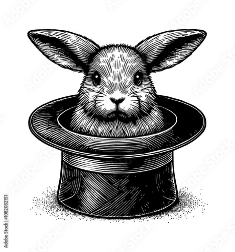 rabbit inside top hat for magic engraving black and white outline