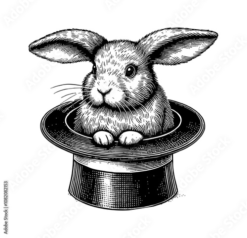 rabbit inside top hat for magic engraving black and white outline