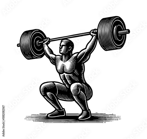 man squat barbell engraving black and white outline