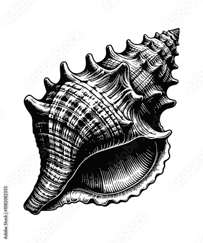 conch shell engraving black and white outline