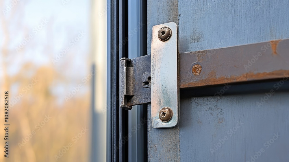 Metal door frame with visible hinge, partially open, emphasizing durability and craftsmanship. Metal door frame with visible hinge, partially open, emphasizing durability and craftsmanship.