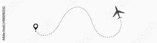 Airplane route. Airplane path in dotted line shape. plane flight route with start point and dash line trace. Various aircraft and destination location pins icons. 7