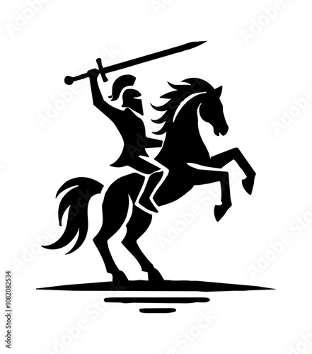 knight spear riding horse engraving black and white outline