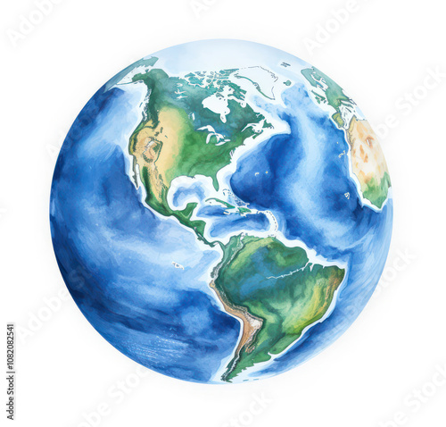 A watercolor illustration of the Earth, showcasing continents and oceans on a white background.