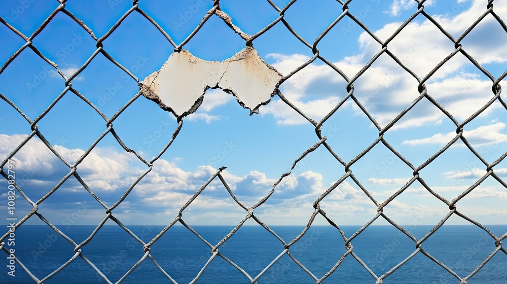 Metal fence with a broken section, representing resilience or a breach in security. Metal fence with a broken section, representing resilience or a breach in security.