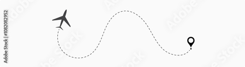 Airplane route. Airplane path in dotted line shape. plane flight route with start point and dash line trace. Various aircraft and destination location pins icons. 6