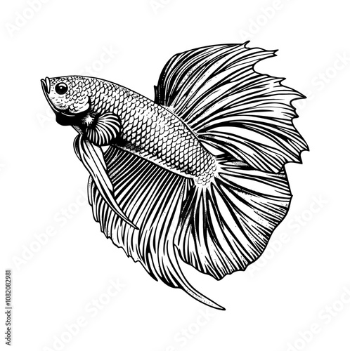 betta fish engraving black and white outline