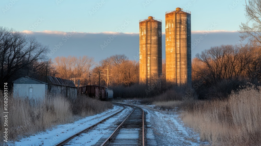 Fototapeta premium Two Silos on a Snowy Railroad Track at Sunset