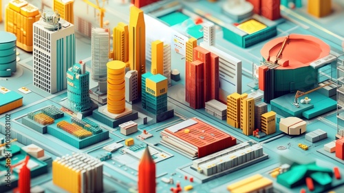 Colorful 3D cityscape with buildings and infrastructure.