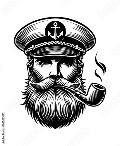 old sailor smoke with pipe engraving black and white outline