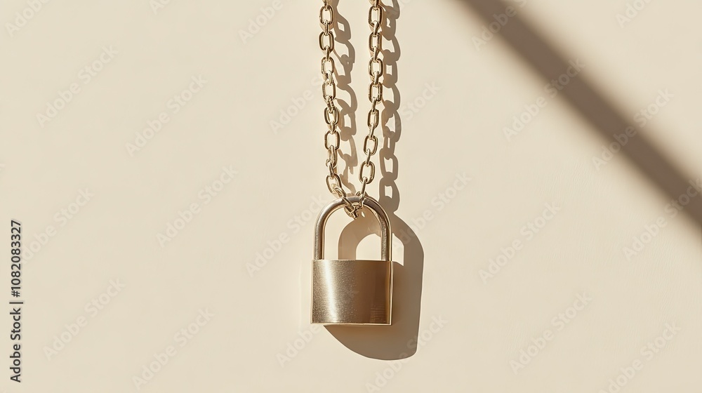 Minimalistic shot of a padlock and chains on a light-colored background, focusing on simplicity in security. Minimalistic shot of a padlock and chains on a light-colored background, focusing on simplicity in security.