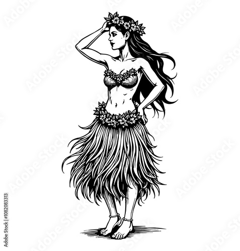 woman hula dancer engraving black and white outline
