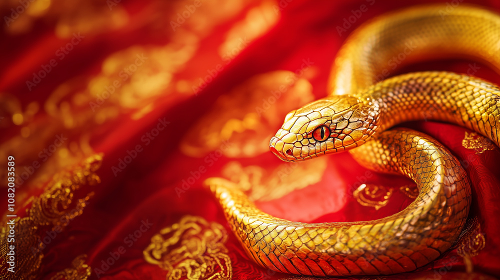 Shiny golden snake on a red background. 2025 New Year of the Snake, Lunar New Year or Chinese New Year. Tet. Zodiac animal character. Copyspace for your text. Shiny golden snake on a red background. 2025 New Year of the Snake, Lunar New Year or Chinese New Year. Tet. Zodiac animal character. Copyspace for your text.