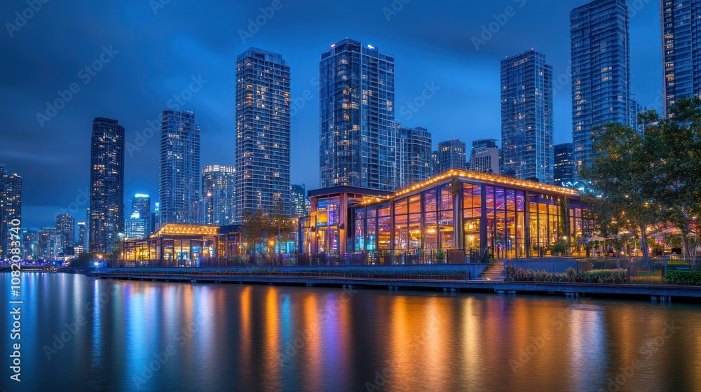 Naklejka premium Illuminated Modern Cityscape with Reflections on Water at Dusk