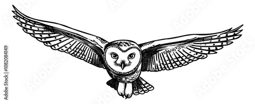 snowy owl fly engraving black and white outline