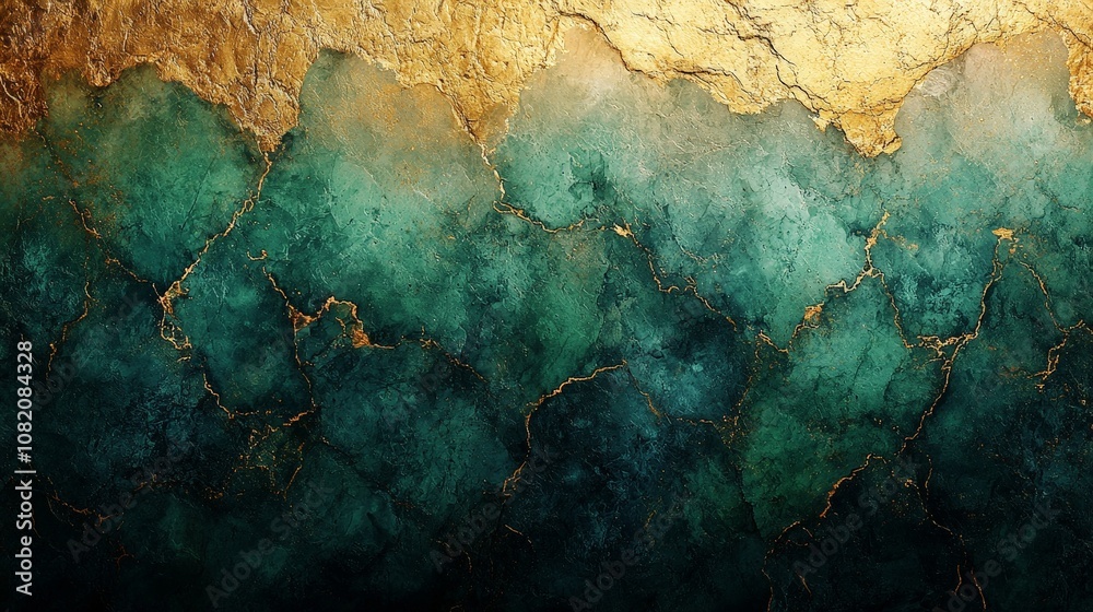 Abstract textured background featuring teal and gold hues with a cracked surface. Abstract textured background featuring teal and gold hues with a cracked surface.