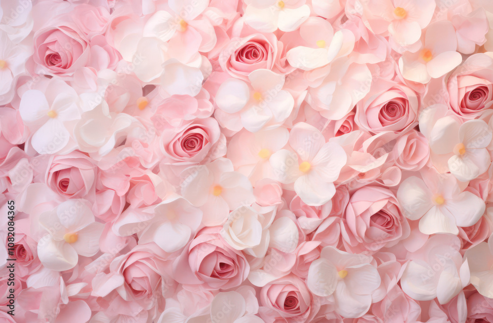 Pink and white artificial roses flowers creating a lush, romantic backdrop for flowers wedding background Pink and white artificial roses flowers creating a lush, romantic backdrop for flowers wedding background