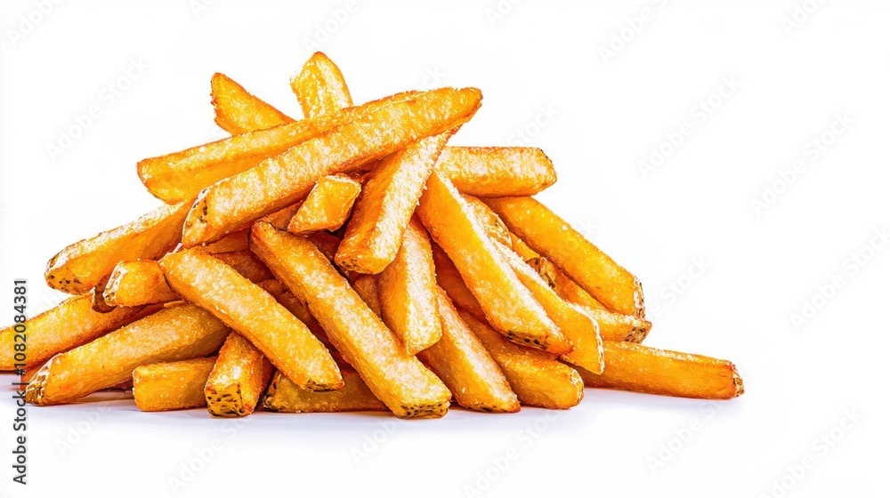 A photostock of crispy golden French fries arranged in a pile on isolated on transparent PNG background, High Quality. A photostock of crispy golden French fries arranged in a pile on isolated on transparent PNG background, High Quality.