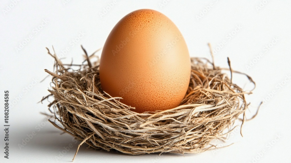 A single brown egg rests in a small, woven nest against a white background. A single brown egg rests in a small, woven nest against a white background.
