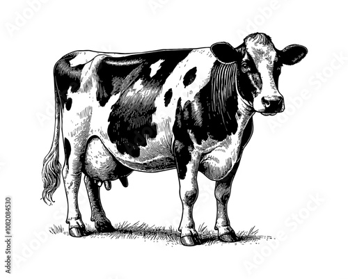 dairy cow engraving black and white outline