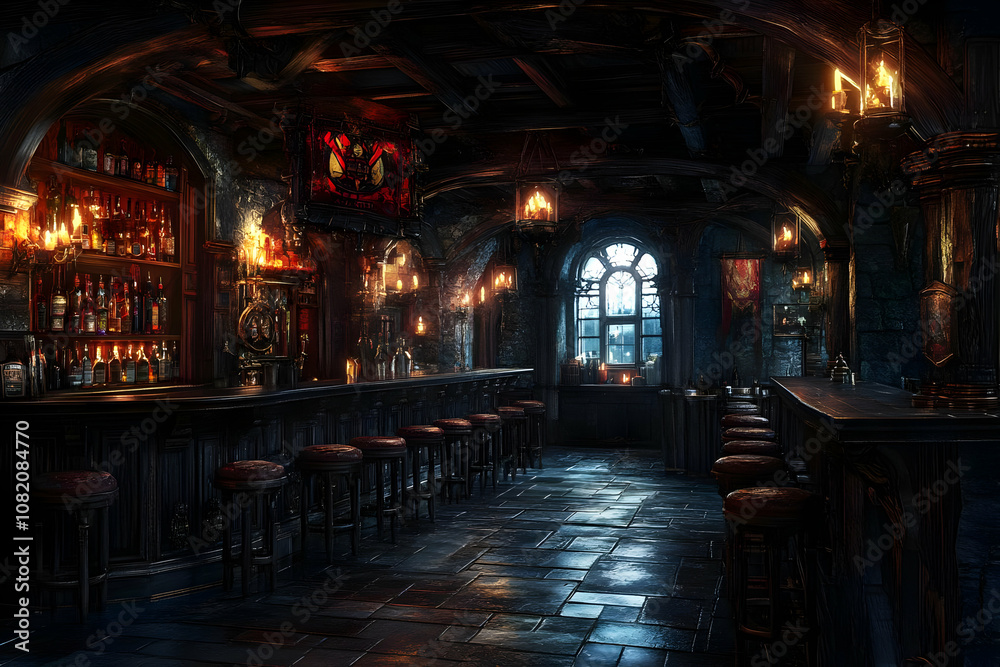 Fototapeta premium Illustration - Dark Medieval Tavern Interior Bar Scene