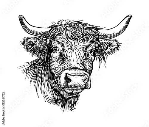 scottish highland cow engraving black and white outline