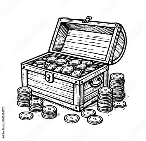 wooden chest treasure gold coin engraving black and white outline