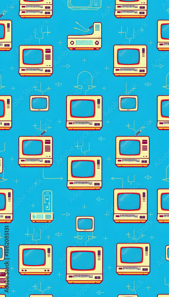 Retro PC repeated pattern on blue background, vector style Retro PC repeated pattern on blue background, vector style