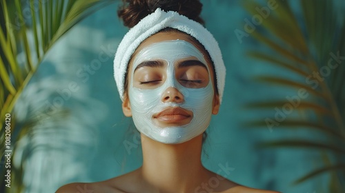 In a serene moment a young Indian woman enjoys the luxury of a professional facial mask enhancing her skins glow A day of spa beauty treatment photo