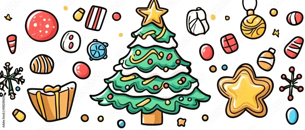 A vibrant Christmas tree is adorned with an array of colorful sweets and festive ornaments, creating a delightful holiday atmosphere perfect for celebration A vibrant Christmas tree is adorned with an array of colorful sweets and festive ornaments, creating a delightful holiday atmosphere perfect for celebration