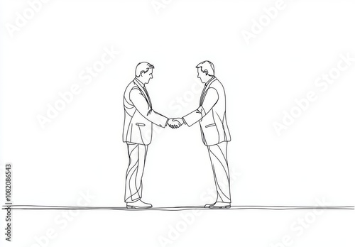 Two men shaking hands in a suitcase and agreeing to deal with a project. Single line drawing of a business concept.