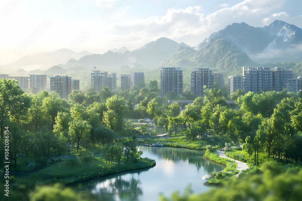 Fototapeta premium 3D Illustration Green City Nestled in Tranquil Mountain Valley