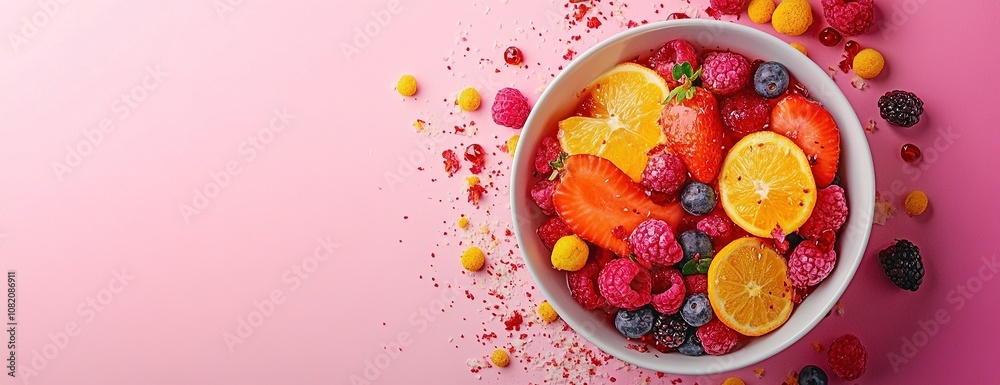 Fresh citrus fruits and berries on a vibrant pink background. Fresh citrus fruits and berries on a vibrant pink background.