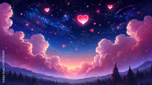 Festive Hearts in the Winter Sky: A Magical Tale of Romance and Tenderness, Illuminated with the Light of Love, Winter Spirit, and Cosmic Wonder under the Starry Glow of the Holiday Season