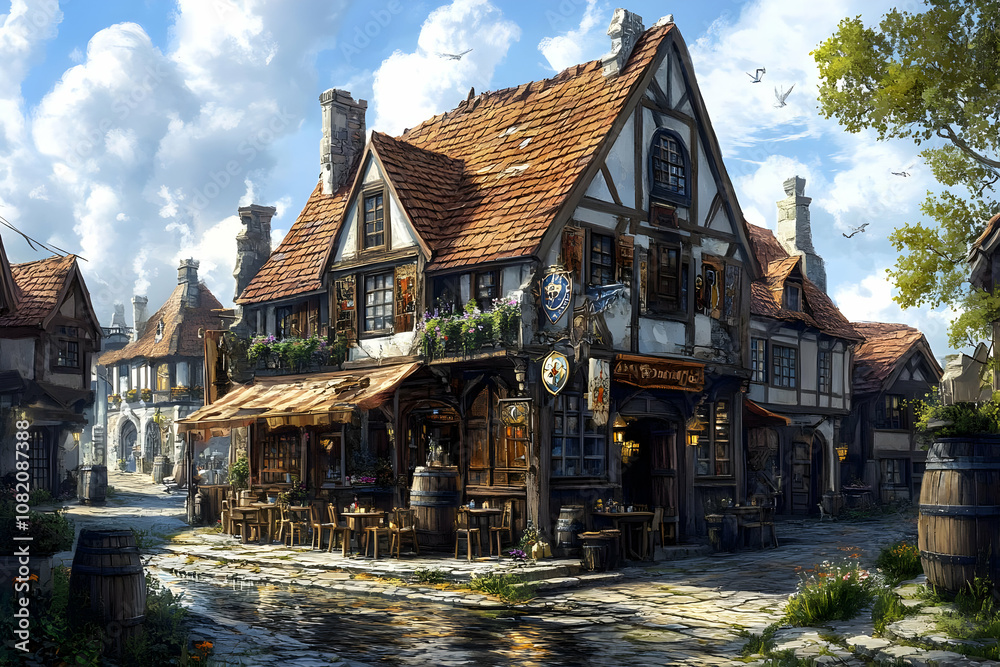 Illustration Tavern Fantasy Village Medieval Architecture Illustration Tavern Fantasy Village Medieval Architecture