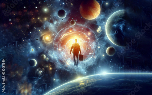 A man in a suit with a briefcase, a businessman in space among the planets.