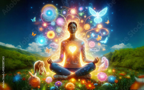 Woman in yoga pose meditating, achieving zen, understanding the universe, flowers and animals