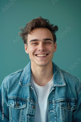 A person wearing a denim jacket smiles at the camera, looking friendly and approachable