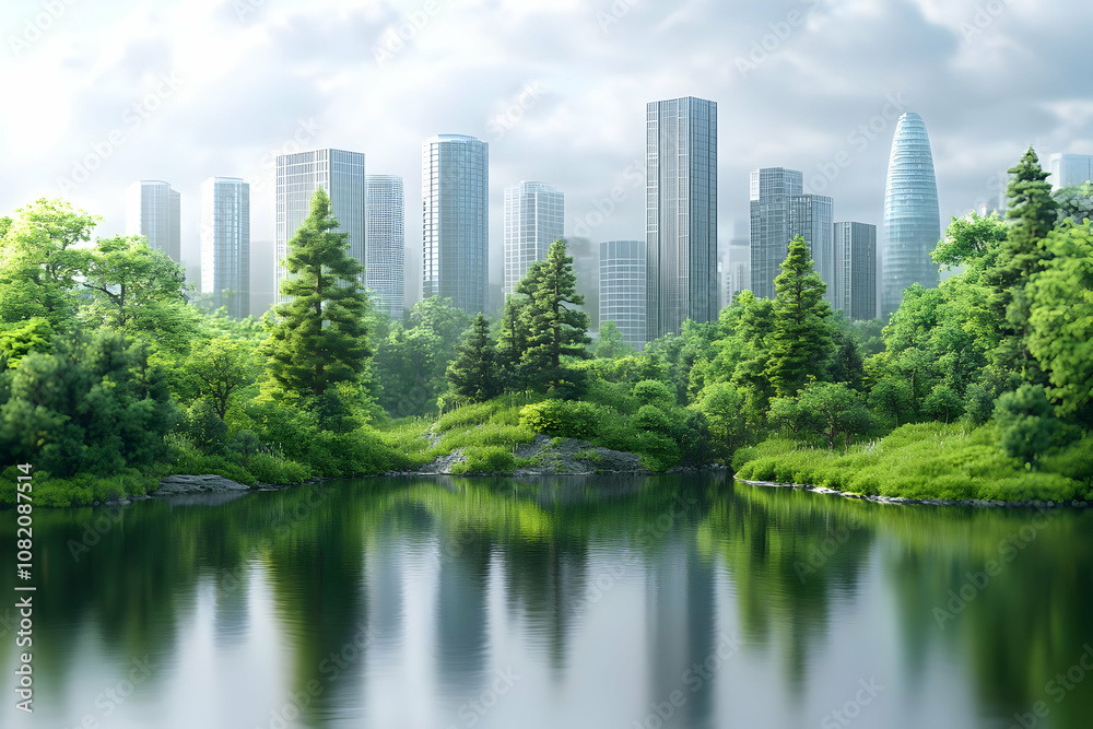 3D Illustration Green City Nature Trees Lake Buildings Reflection Eco-Friendly 3D Illustration Green City Nature Trees Lake Buildings Reflection Eco-Friendly