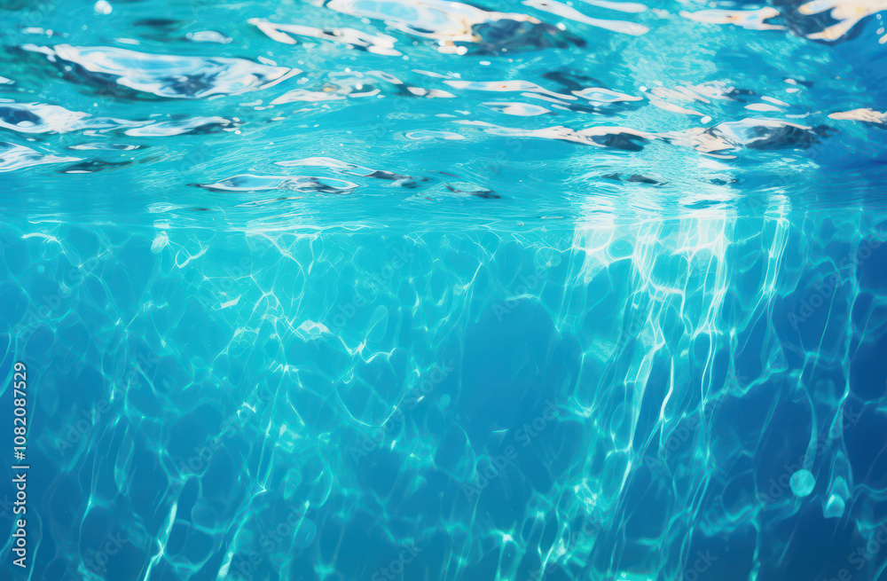 Clear blue water surface reflecting sunlight, tranquil and serene aquatic scene. Clear blue water surface reflecting sunlight, tranquil and serene aquatic scene.