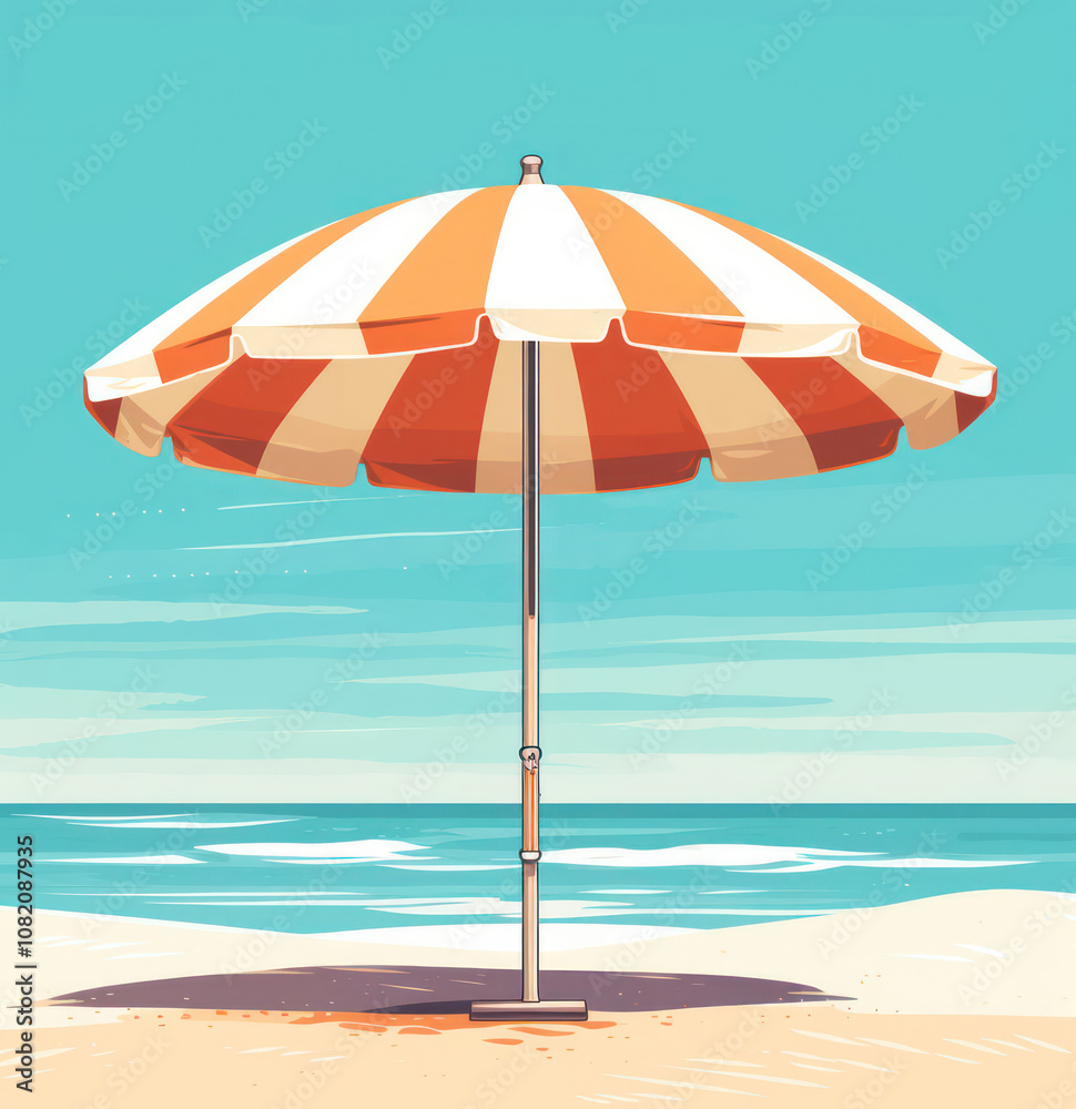 Fototapeta premium Colorful beach umbrella on sandy shore, with calm ocean waves in the background, evoking a serene summer vibe.